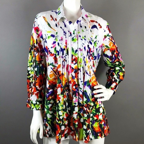 CHELSEA & THEODORE White Multicolor Abstract Ruffle Blouse Size M - Picture 1 of 7
